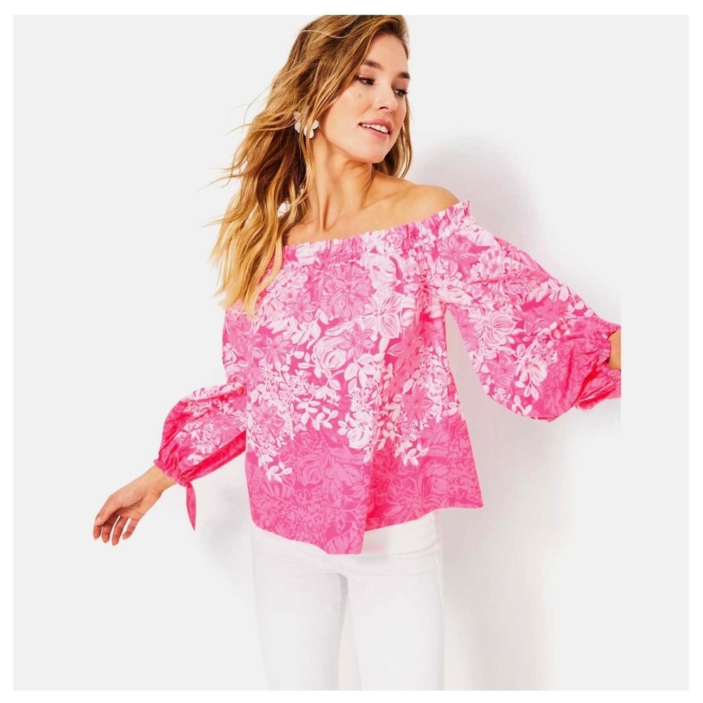 Lilly Pulitzer Pink‎ Floral Off The Shoulder Cotton Blouse Tie Sleeve XL NEW